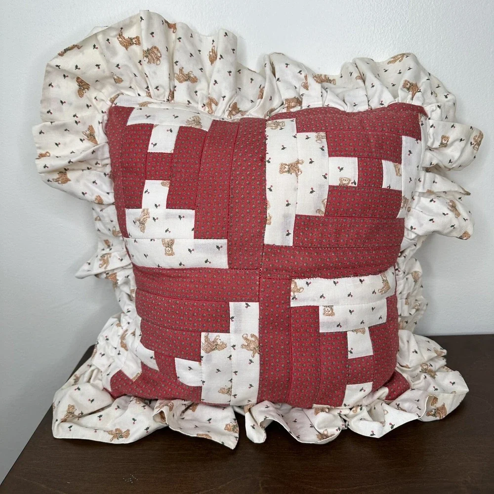 Vintage Christmas Quilted Pillow Handmade Throw Pillow Shabby Cottage Bear Red